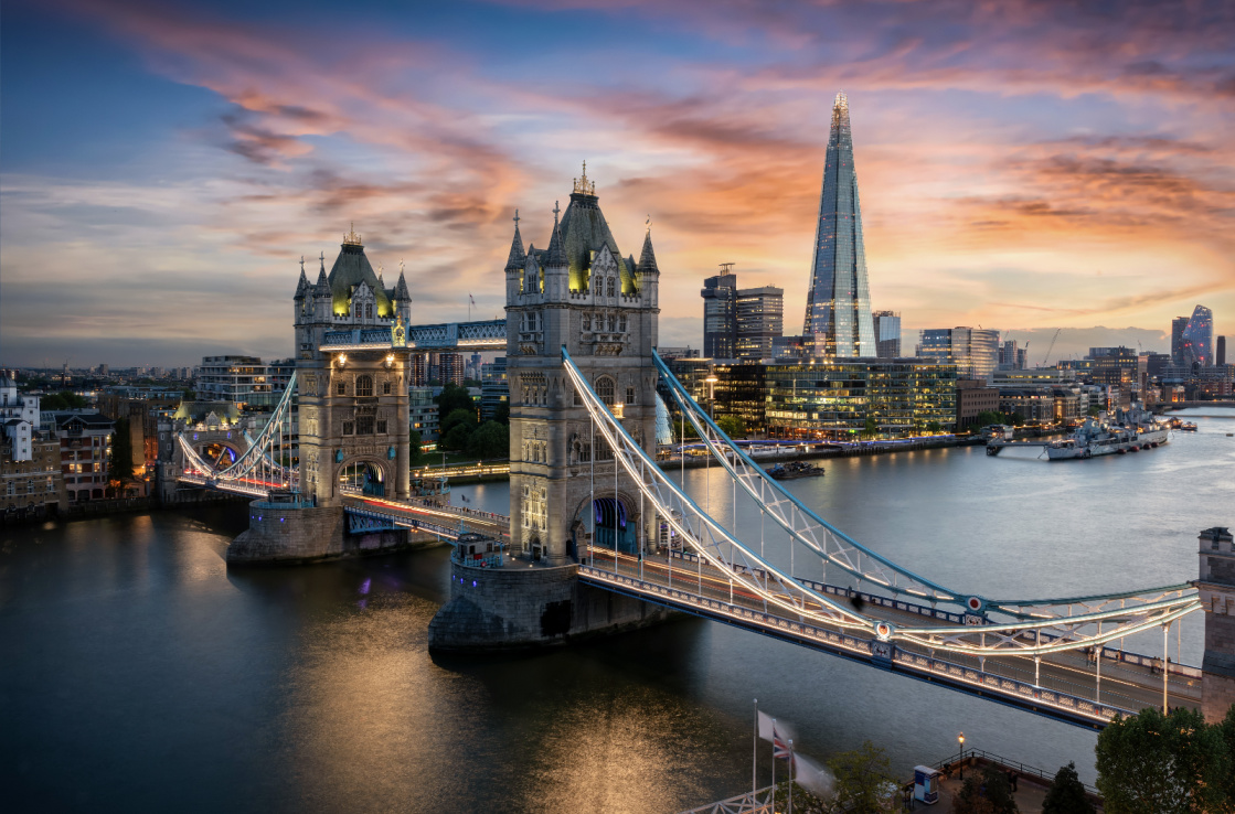 Aerial view of London Bridge at nightfall Aerial view of London Bridge at nightfall