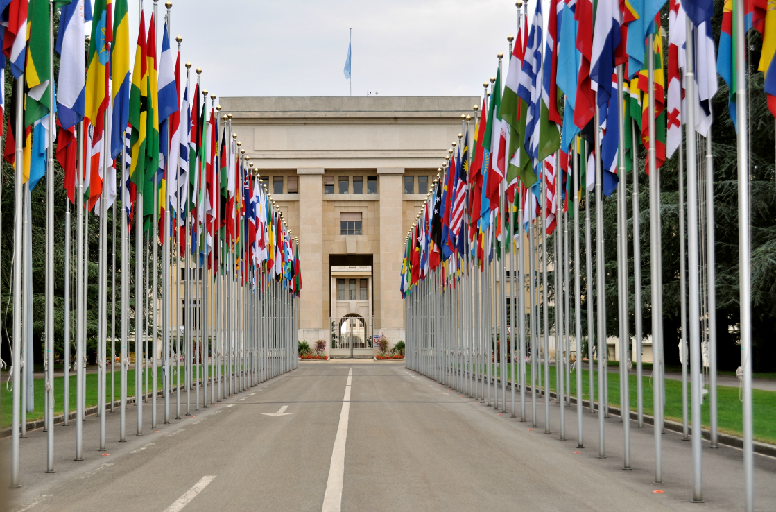 Flags lines up at the United Nations entrance. Flags lines up at the United Nations entrance.