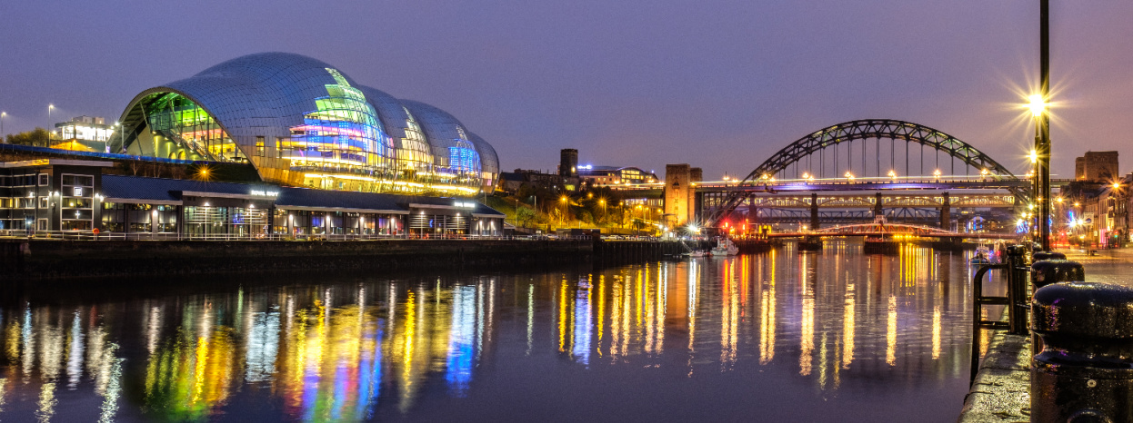 Gateshead city skyline, lit up at night