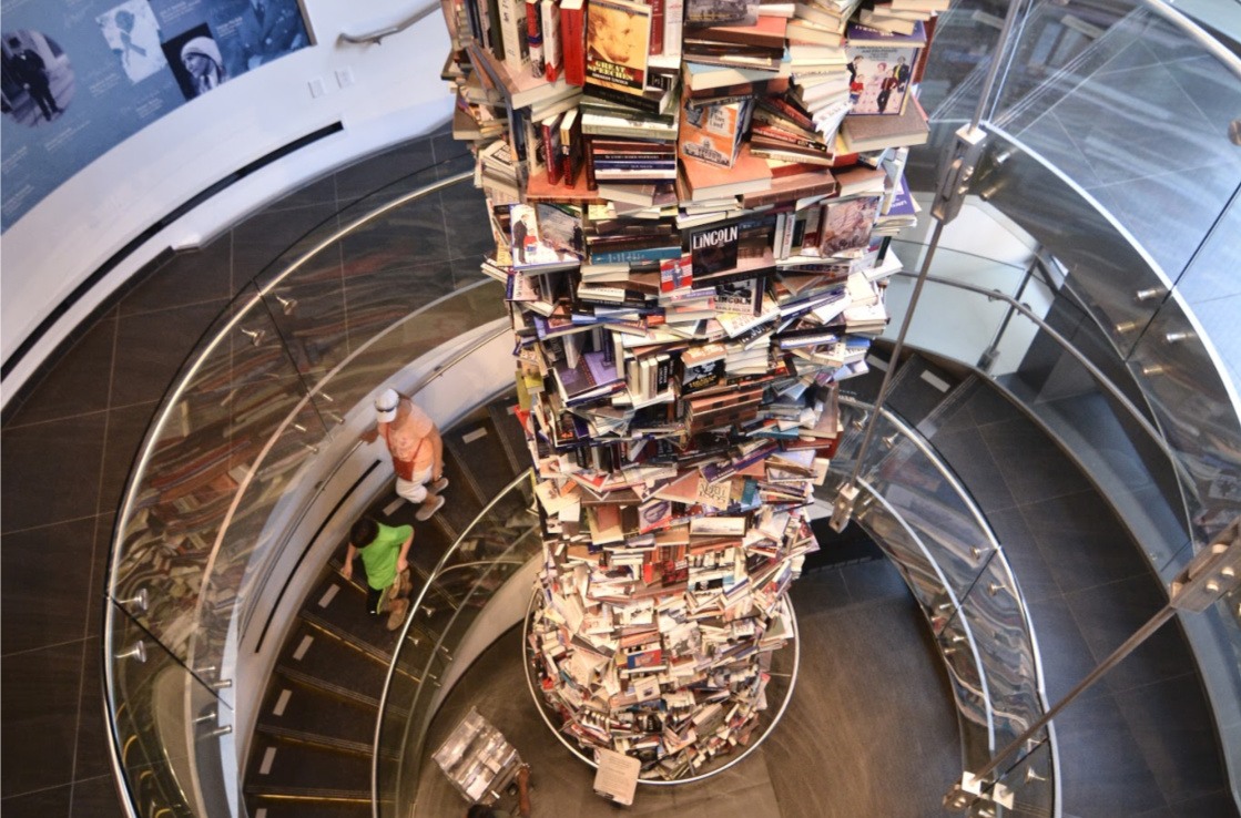 The tower of Lincoln books at the Center for Education and Leadership, photo by Gary Erskine.