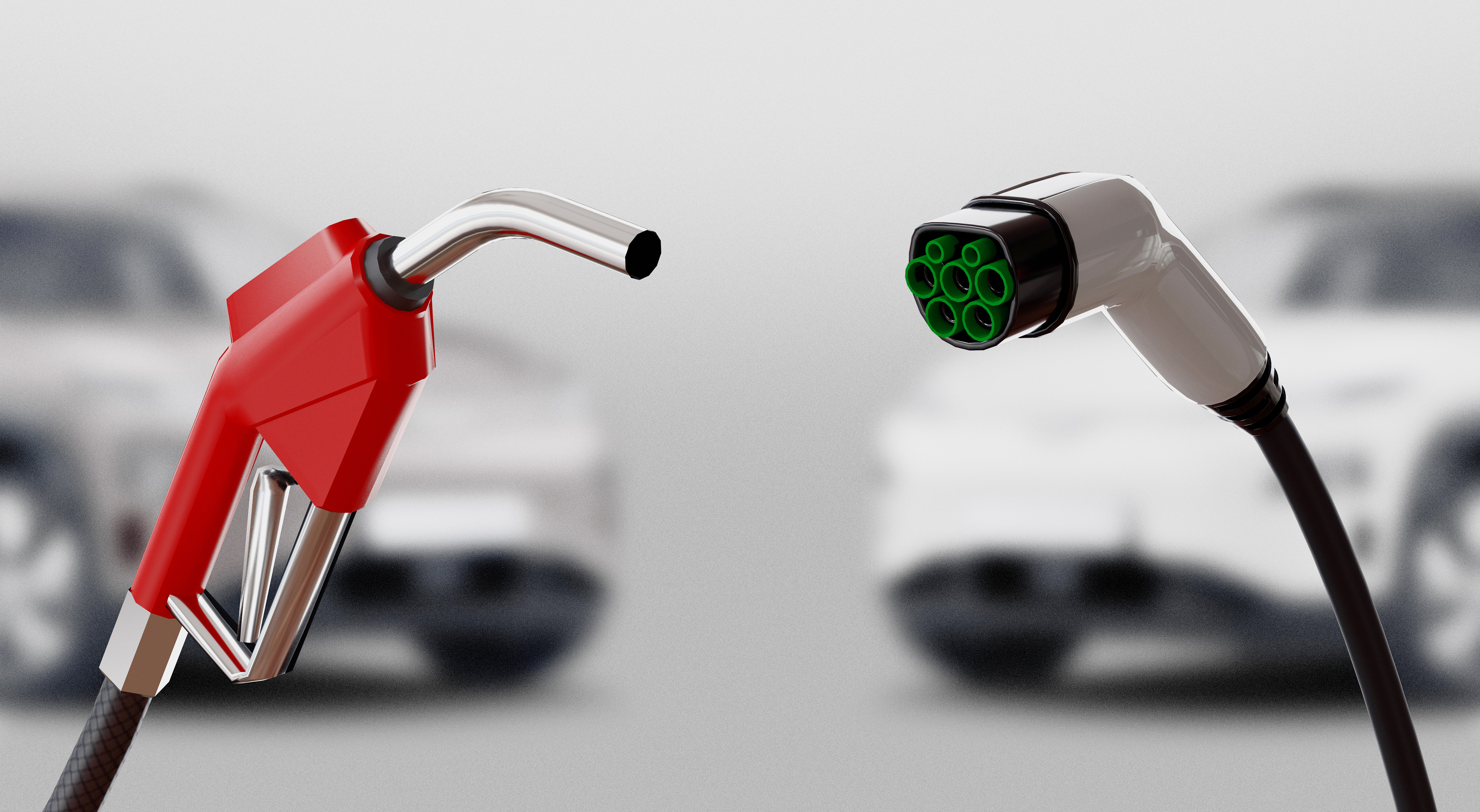 Diesel versus electric. Gas or electric station. 3d rendering; Shutterstock ID 1603896589; purchase_order: ; job: 11797809; client: Hertz US; other: Anastasiia