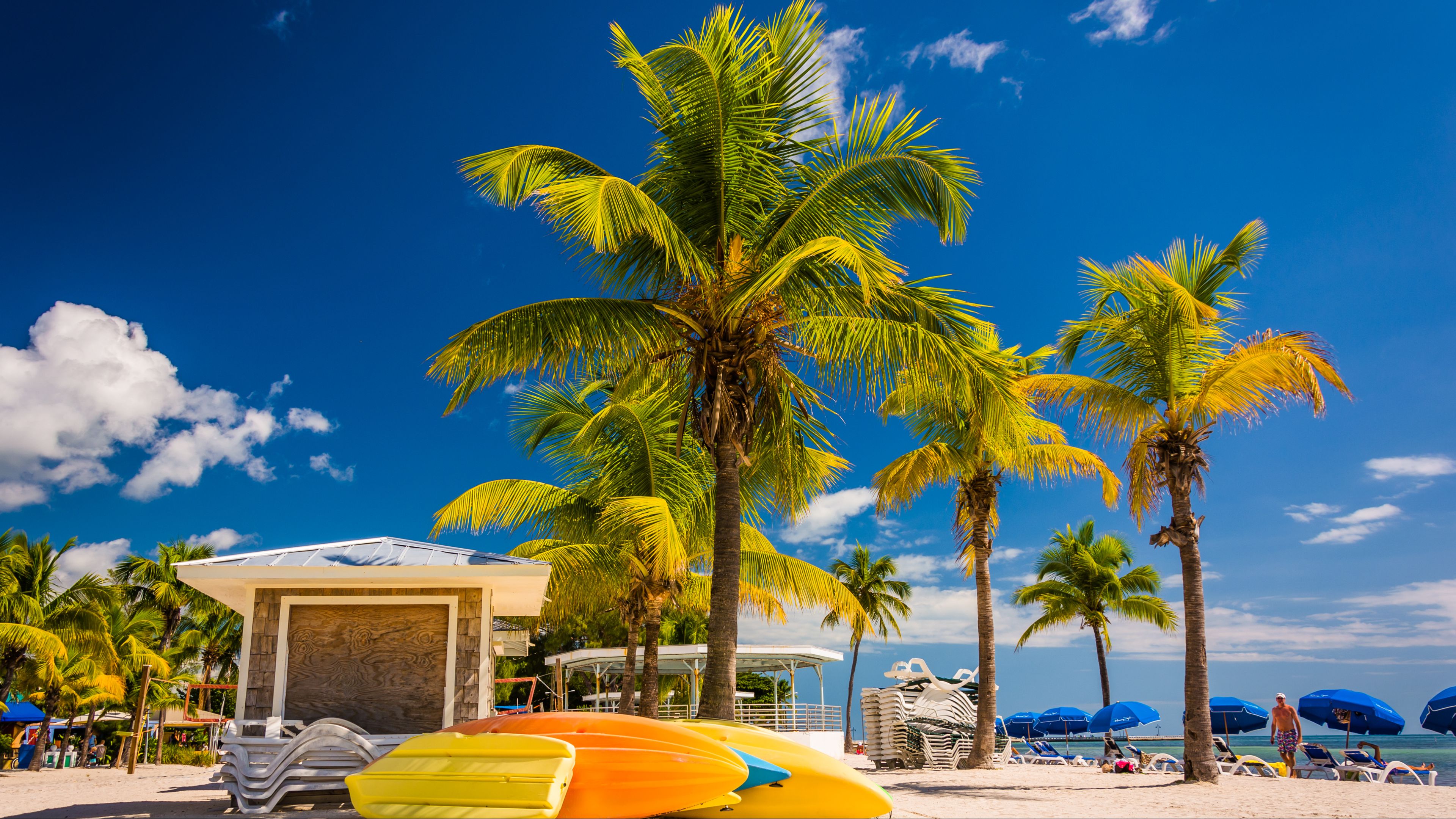 A few orange kayaks rest on a palm tree on a beach with blue tents and lounge chairs in the background in Key West during a bright, sunny day. A few orange kayaks rest on a palm tree on a beach with blue tents and lounge chairs in the background in Key West during a bright, sunny day.