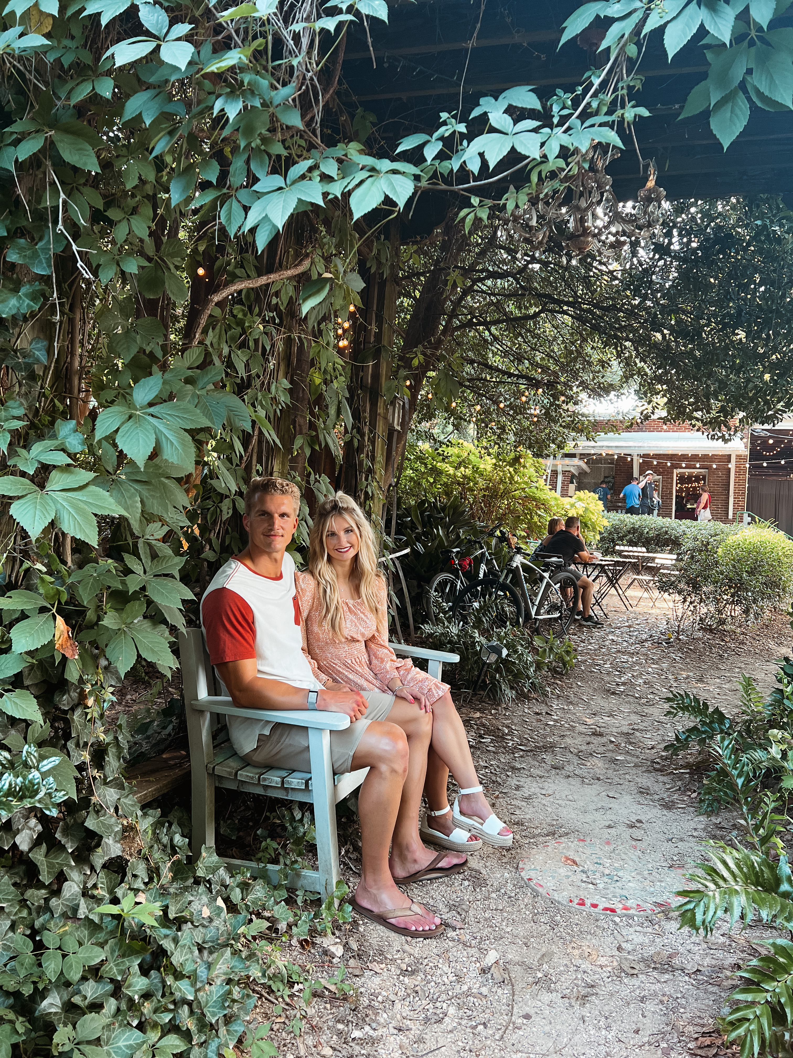 Amber Miller and Fiance on bench McGill Rose Garden Charlotte Amber Miller and Fiance on bench McGill Rose Garden Charlotte