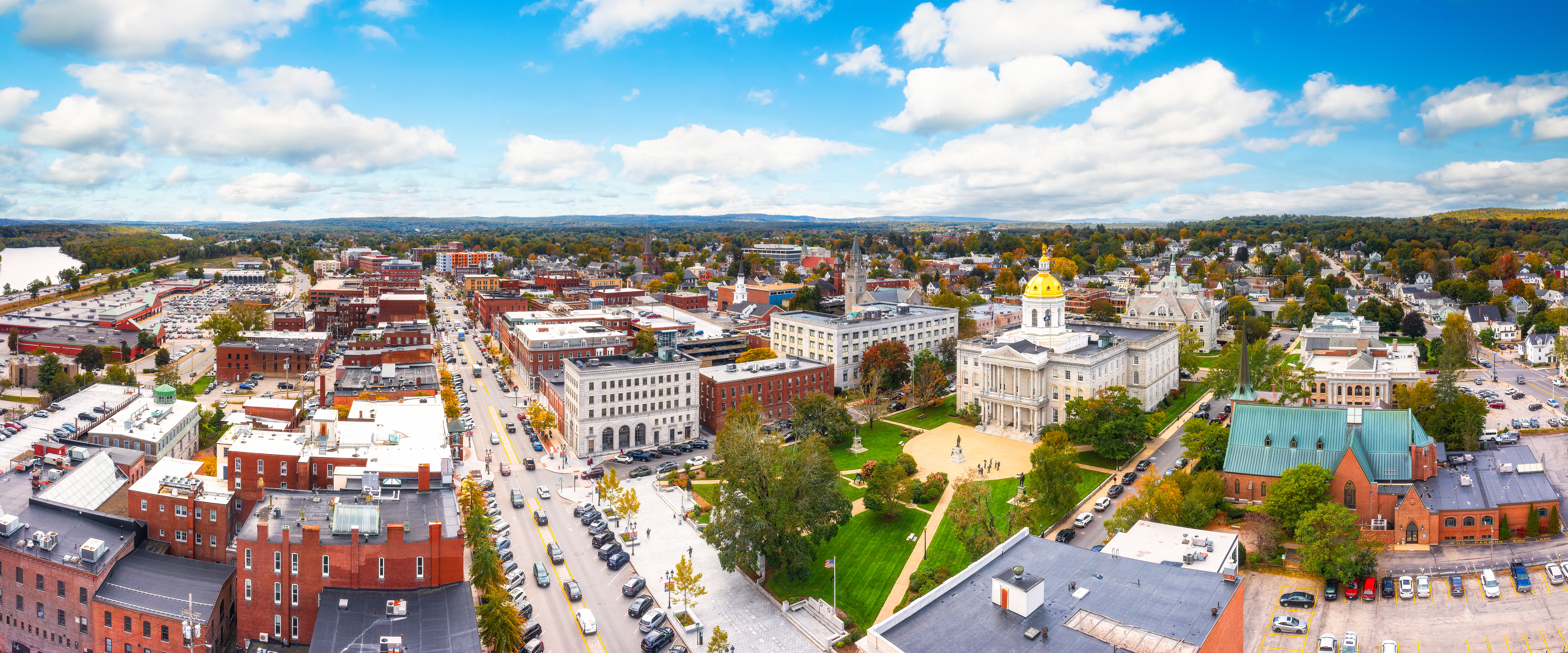 Aerial panorama of Concord and the New Hampshire State House along Main street. The capitol houses the New Hampshire General Court, Governor, and Executive Council. Concord