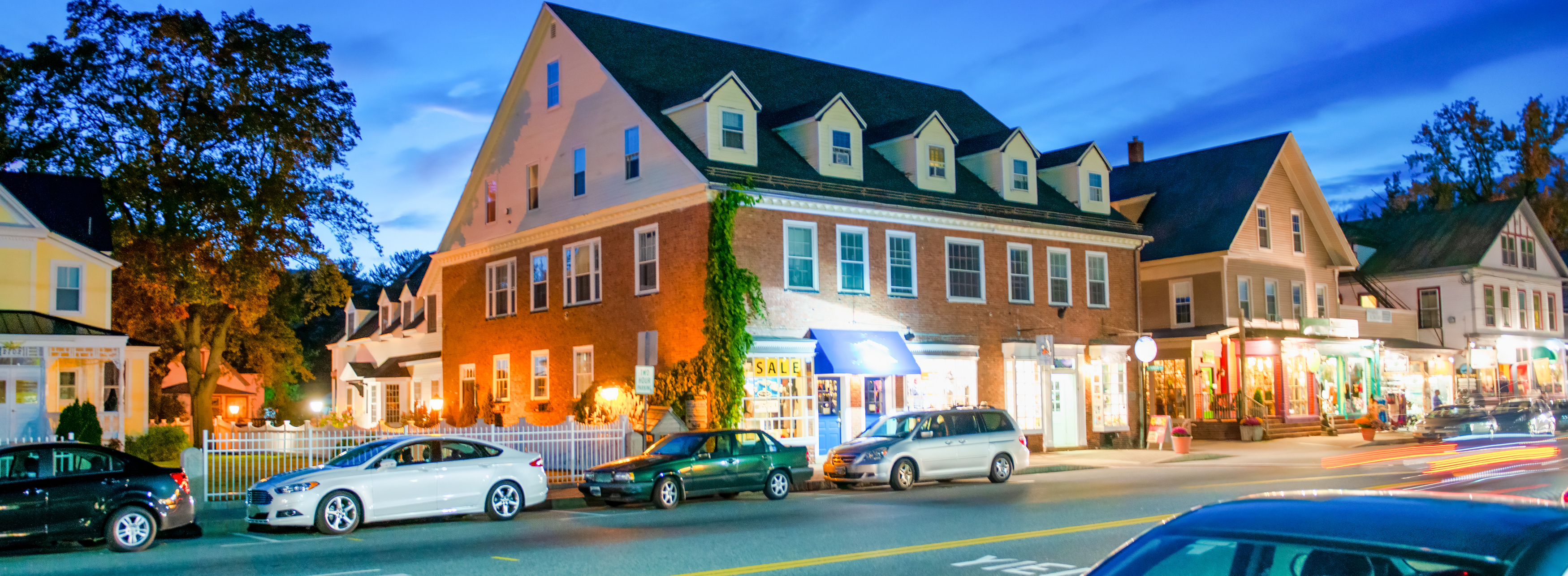 Conway, New Hampshire. City streets at night in october Conway, New Hampshire. City streets at night in october.