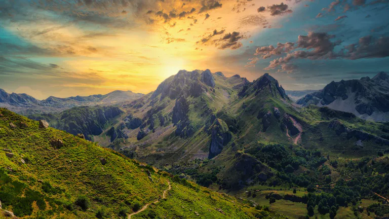 moutains near somiedo in sunset