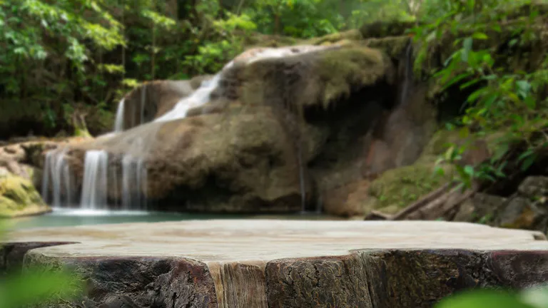 Waterfall with woodland in a garden