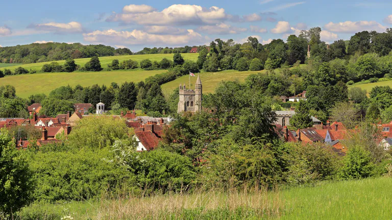 View of village through trees in Chiltern Hills