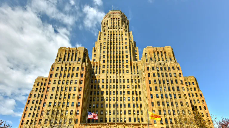 Buffalo City Hall against blue sky.