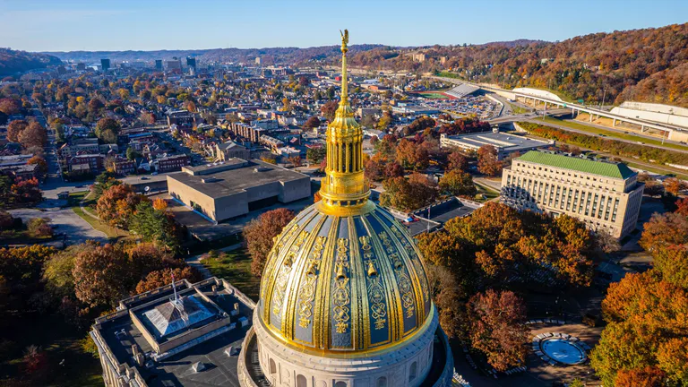 West Virginia State Capitol building and view of downtown Charleston