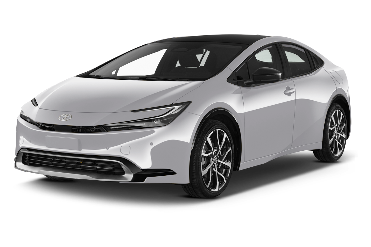 2024 Toyota Prius Plug-in Premium Plus 5 Door Hatchback angular front stock photos of front three quarter view a-red-dodge-charger